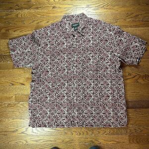Vintage Eddie Bauer Shirt Adult XL Tall Geometric Print Linen Maroon Men’s‎